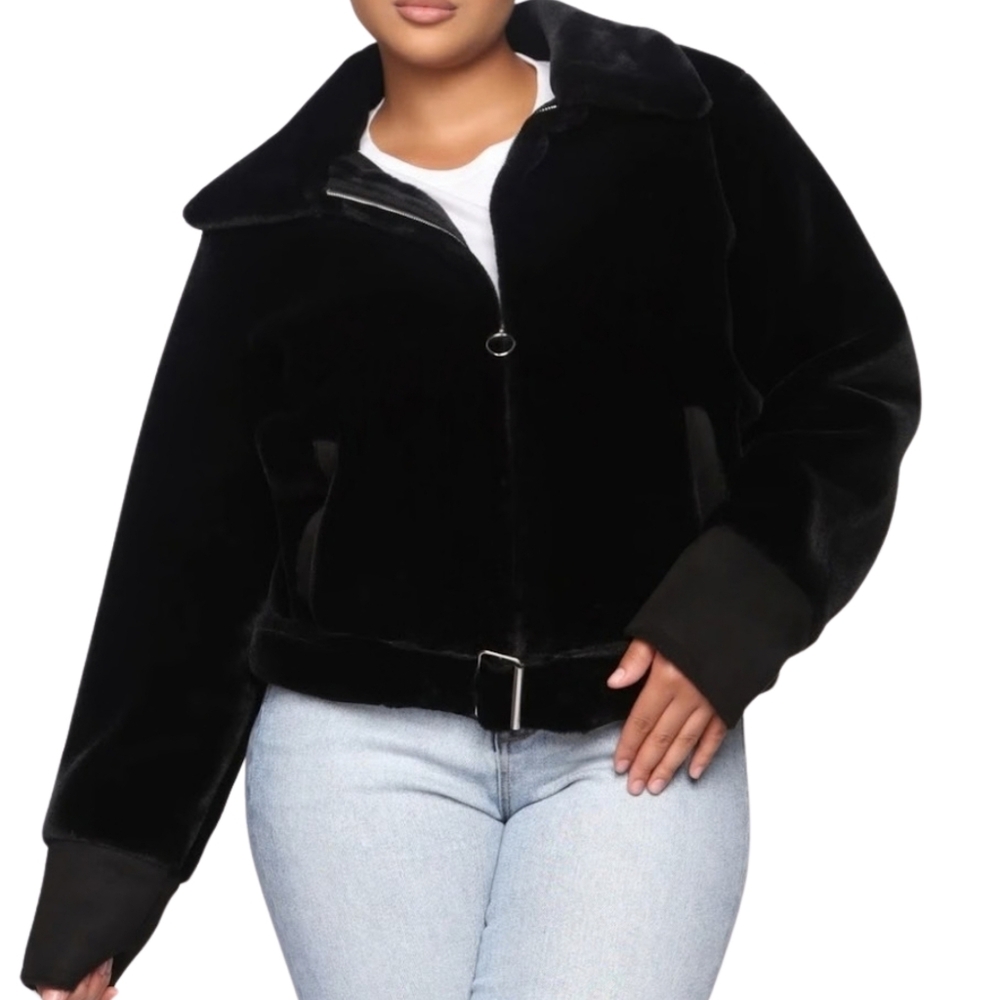 Fashion Nova Black Faux Fur Moto Jacket 🖤 NWT Plus Size 2X Glam Coat